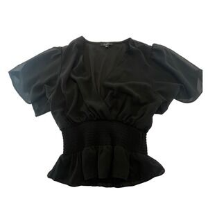 Rabina Black Top XL Extra Large Sheer Flutter Sleeve Blouse Smocked Waist